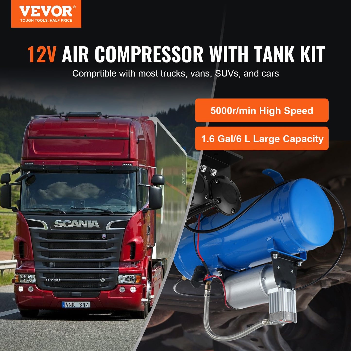VEVOR 12V Air Compressor with 1.6 Gallon Tank, Train Horn Compressor, 120 psi Working Pressure, Inflating Tires, Air Mattresses