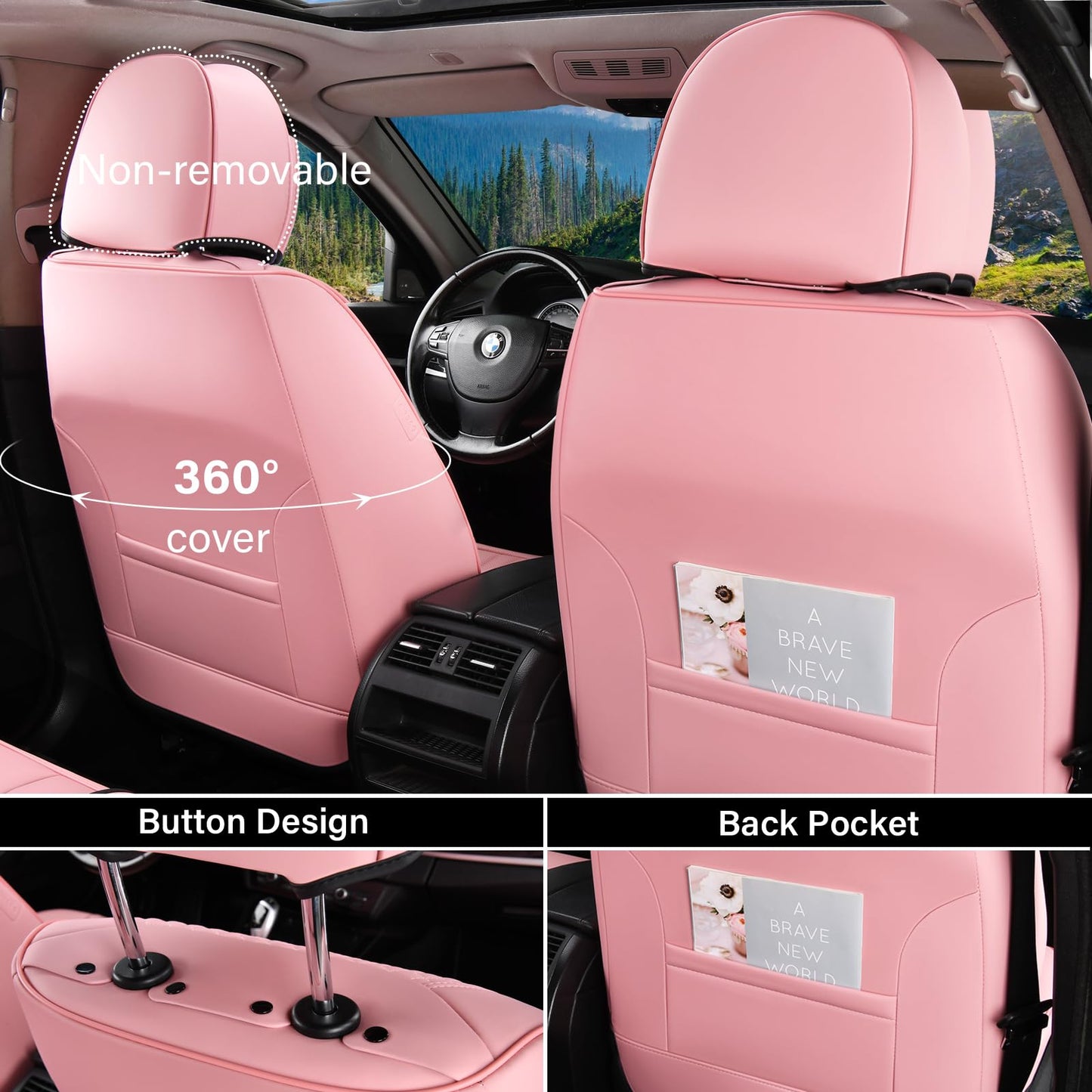 Coverado Car Seat Covers Front Seats, 2 Piece Car Seat Protector with Removable Headrest, Nappa Leather Breathable Seat Cushion Universal Fit for Truck Automotive Most of Cars Pink