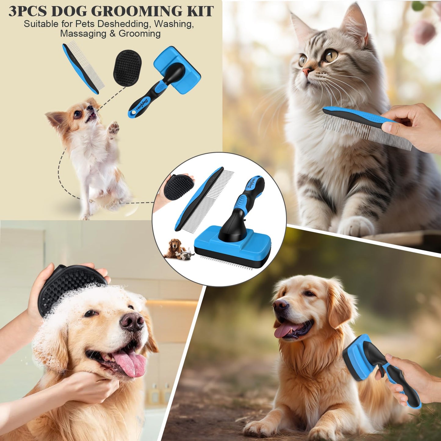 3PCS Dog Grooming Kit - Deshedding Brush, Slicker Brush, Bath Brush and Comb for Pet Supplies (Blue Black)