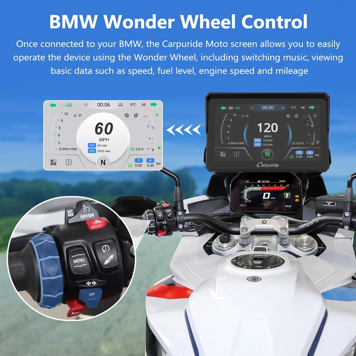 2025 CARPURIDE W702BS PRO for BMW Motorcycle CarPlay & Android Auto Dual Bluetooth, 7" Waterproof GPS Navigation Screen, Data Reading, Native Wonder, TPMS, Light Sensor, Music Sharing, Intercom,16-Pin