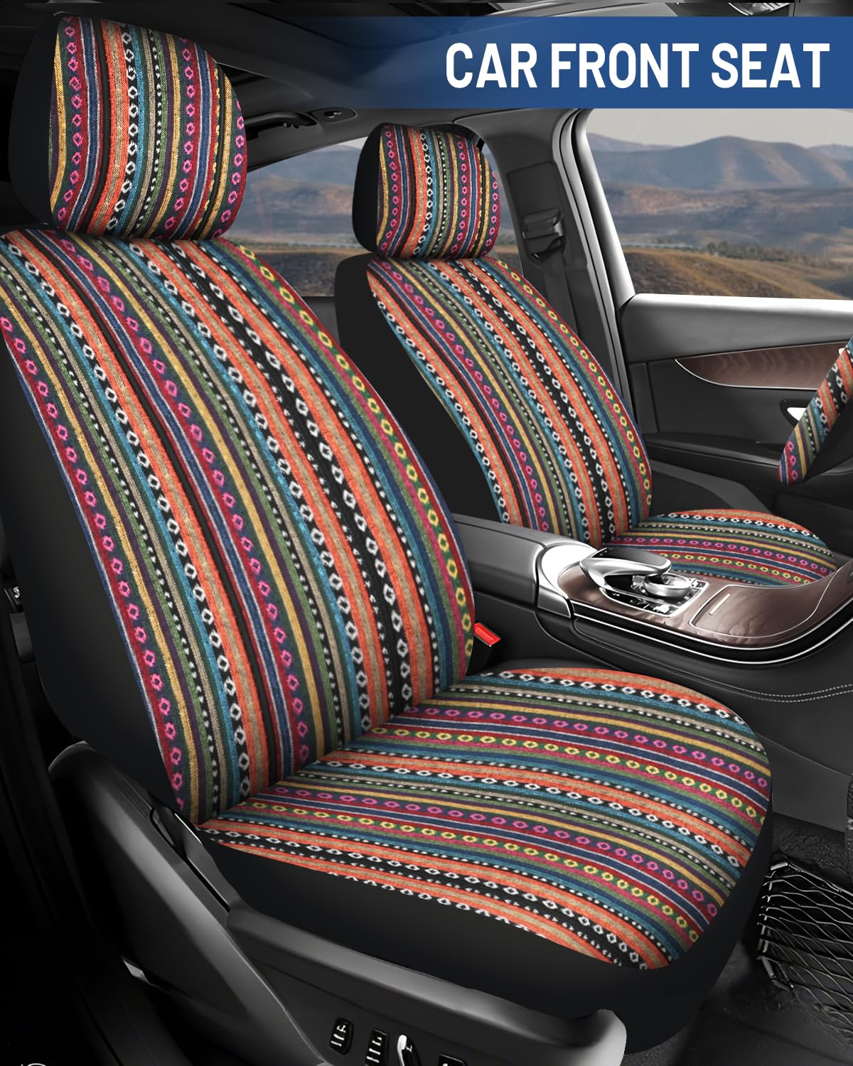 Sino Salected Baja Saddle Blanket Car Seat Covers Full Set with Seat Belt Pads and Steering Wheel Cover, Washable Breathable Striped Woven Cloth Seat Covers for Cars, SUV, Truck, (Orange)