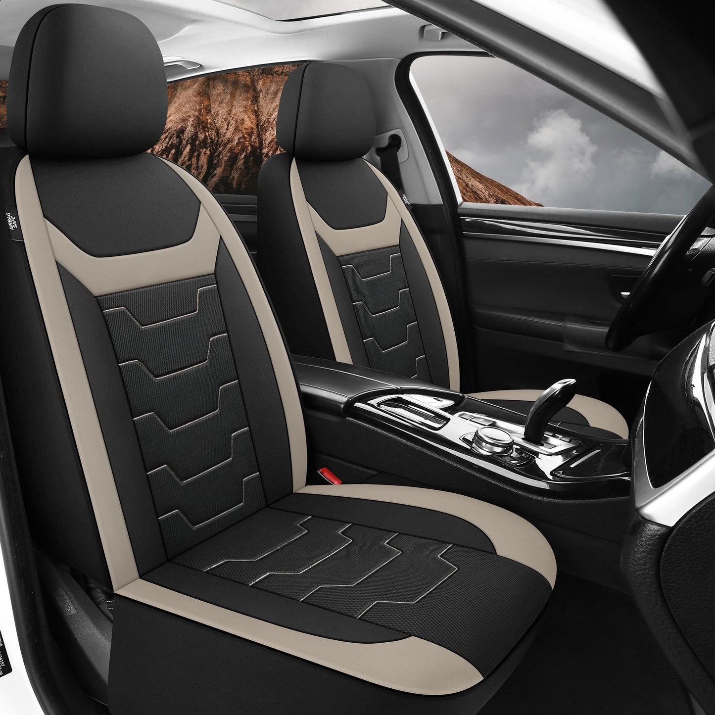 CAROMOP Breathable Car Seat Covers Full Seats,3D Air Mesh Cloth Seat Covers for Cars, Split Bench Compatible Car Interior Covers, Universal Fit Most Car Sedan Truck SUV(Black/Beige)