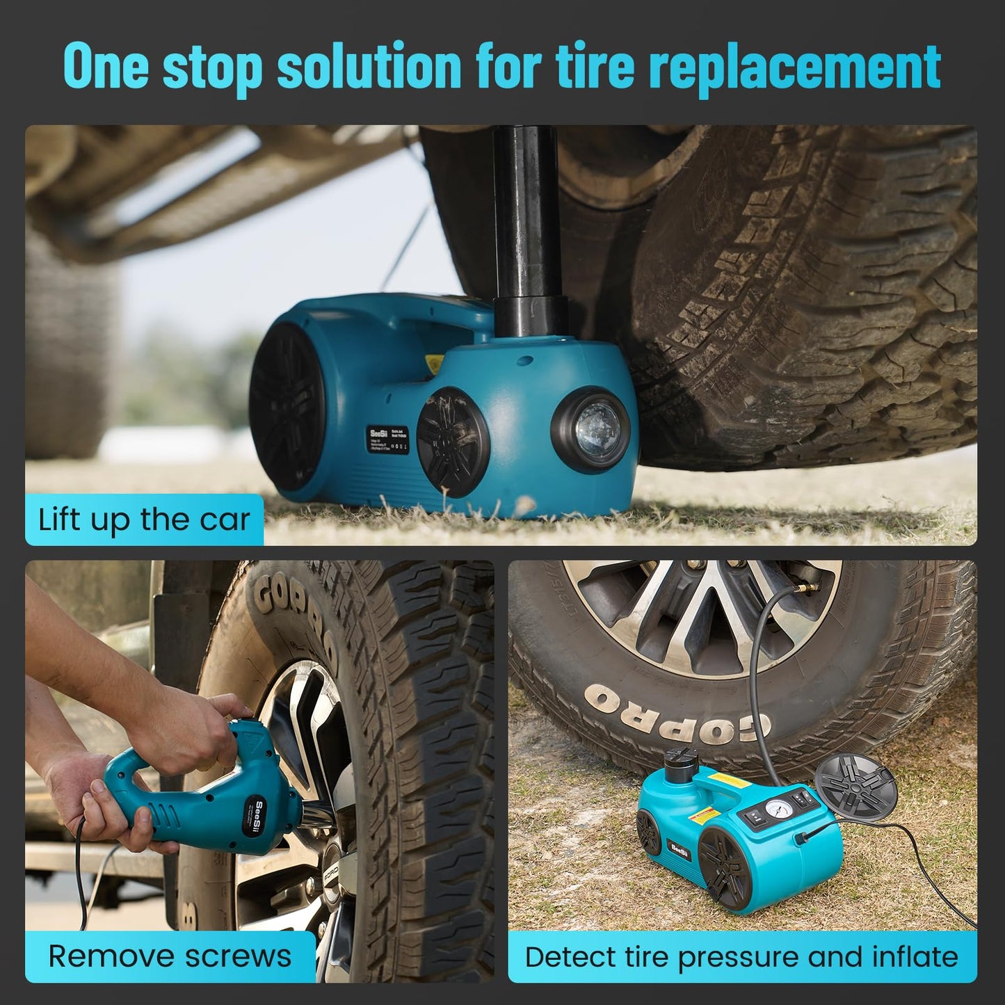 SEESII Electric Car Jack Kit 5 Ton 17.7 Inch Lift Range 3in1 car jack Hydraulic with Impact Wrench and Tire Inflator Floor Jack for SUV/Pickup/Truck/Sedan Roadside Emergency Tire Change Spare Tool Set