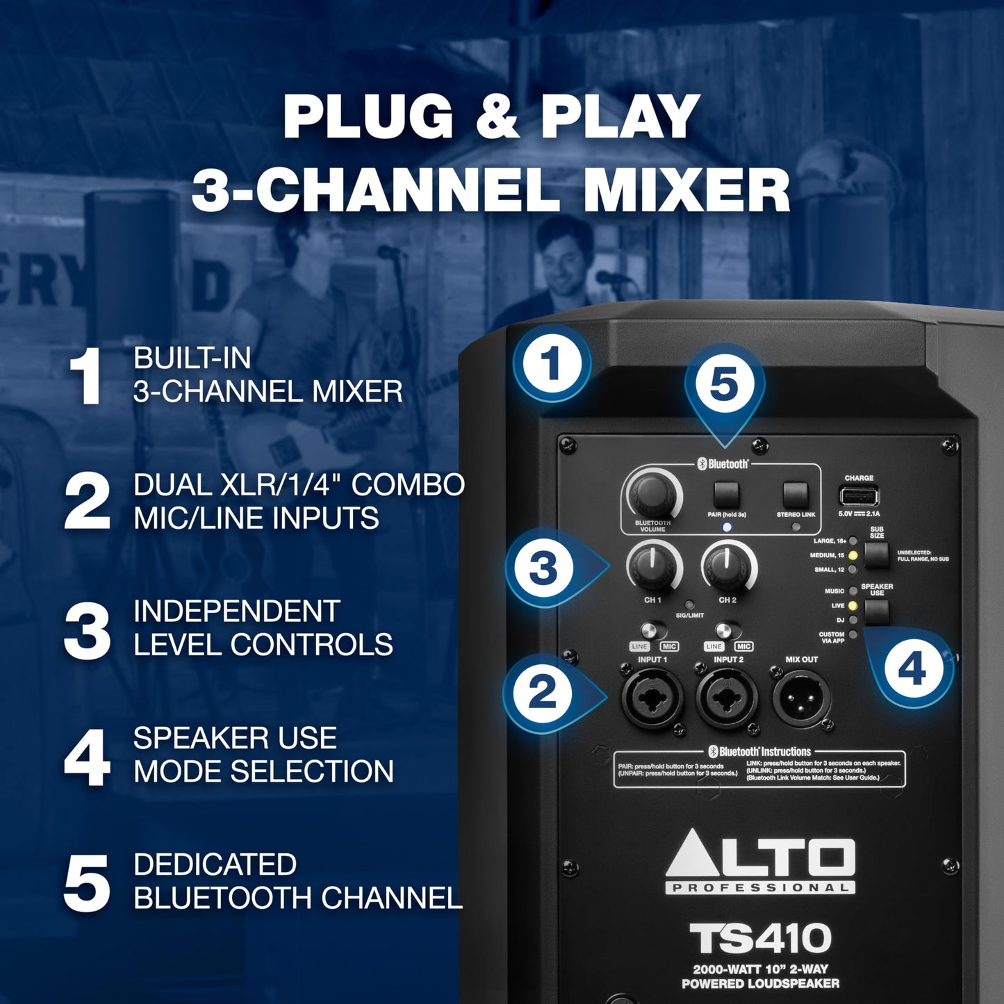 ALTO TS410 2000W 10" Powered PA Speaker with 3 Channel Mixer, Bluetooth Streaming, Wireless Loudspeaker Linking, DSP App