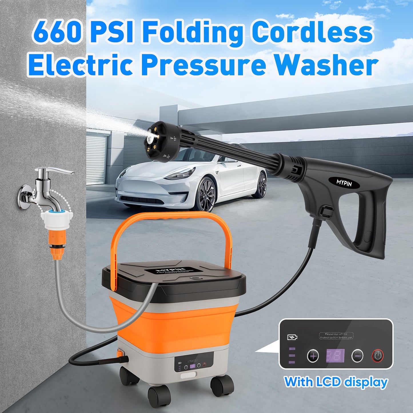660PSI Portable Cordless Pressure Washer with Folding 3.4Gal Tank, 6-in-1 Nozzle, 7 Adjustable Pressure Levels, 7M Hose, Portable Sprayer with Wheels for Car Floor Wall Fence Cleaning, Pet Cleaning