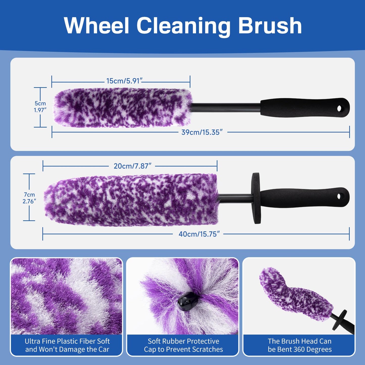 KLeXiC 4 Pack Wheel Tire Cleaning Brush Kit Cars Motorcycles RVs Trucks Rim Hub Ultra Soft Microfiber No Spatter 360 Bendable Synthetic Woolies Wash Vehicles Bristle Set