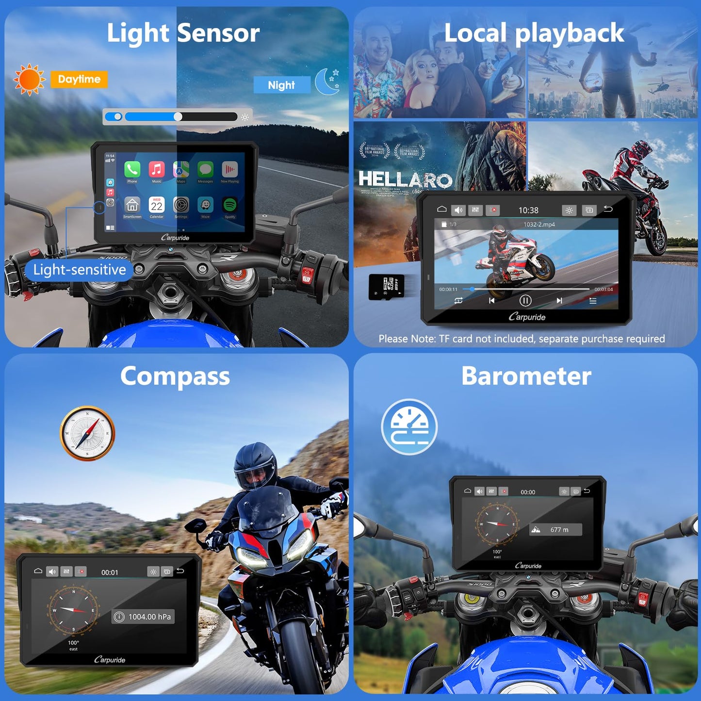 2025 CARPURIDE W702BS PRO for BMW Motorcycle CarPlay & Android Auto Dual Bluetooth, 7" Waterproof GPS Navigation Screen, Data Reading, Native Wonder, TPMS, Light Sensor, Music Sharing, Intercom,16-Pin