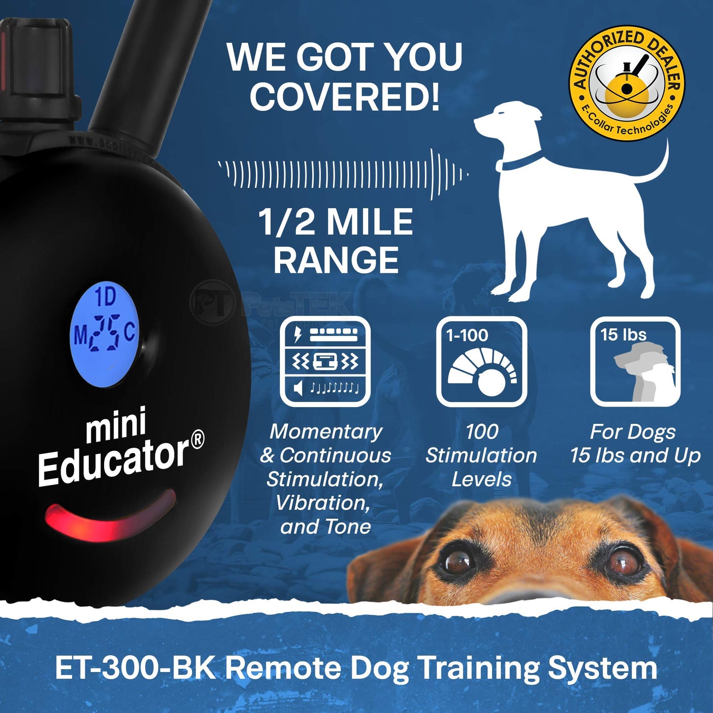 Educator - ET-300 Black - Ecollar Dog Training Collar with Remote Control - 1/2 Mile Range, Waterproof, Rechargeable, 100 Training Stimulation Levels, Vibration and Tone W/PetsTEK Training Clicker