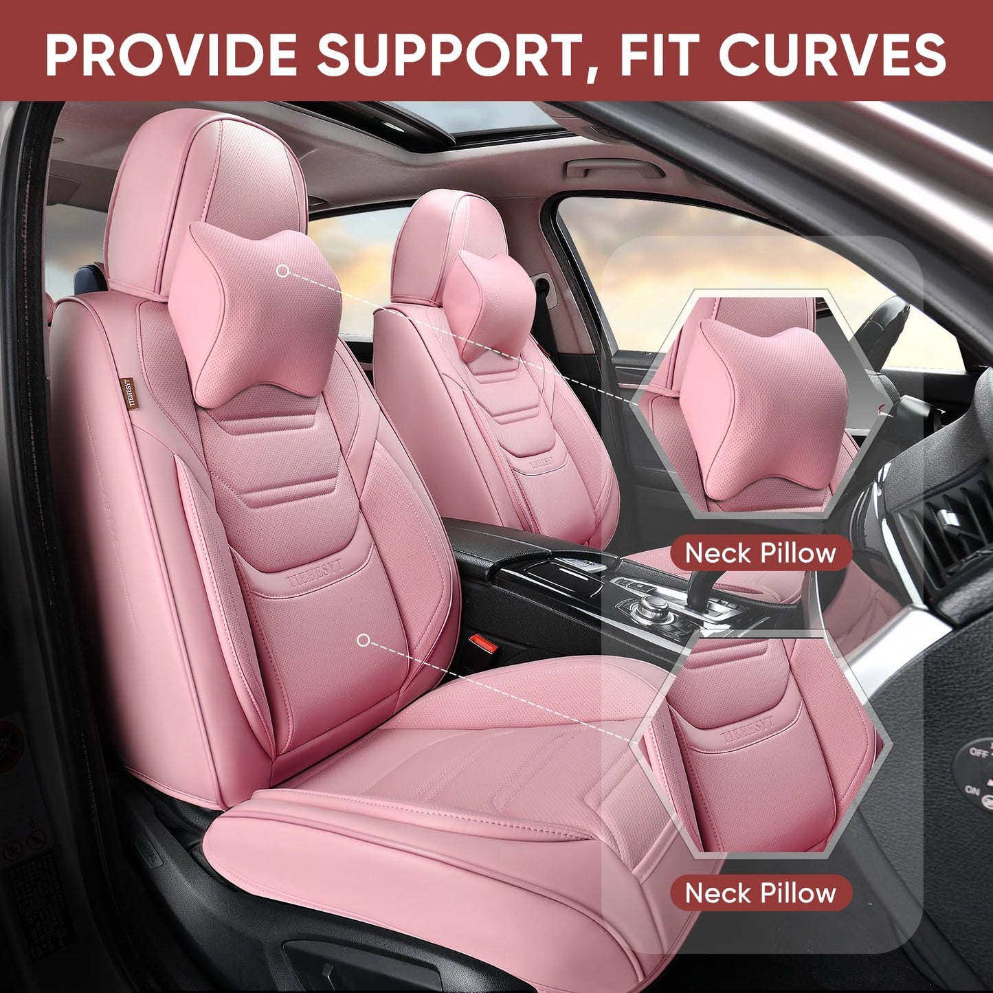 TIEHESYT Pink Car Seat Covers Full Set, Breathable Leather Automotive Front and Rear Seat Covers with Headrest, Waterproof Auto Seat Protectors Fit for Most Sedans SUV Pick-up Truck