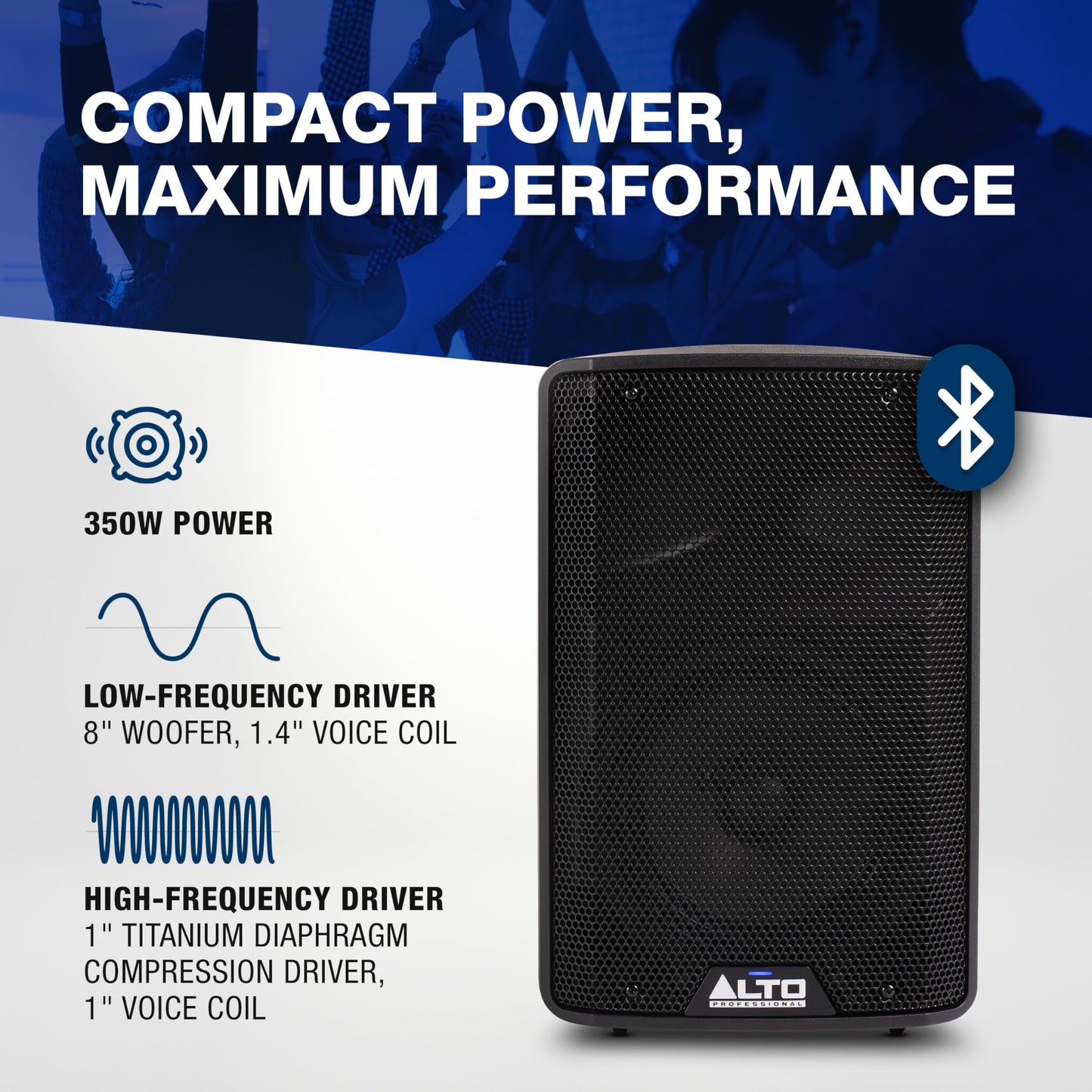 ALTO TX408 350W 8" Powered PA Speaker with Bluetooth, 2-Channel Mixer, Line Level for Mobile DJs and Musicians, for Small Venues, Rehearsals and Events