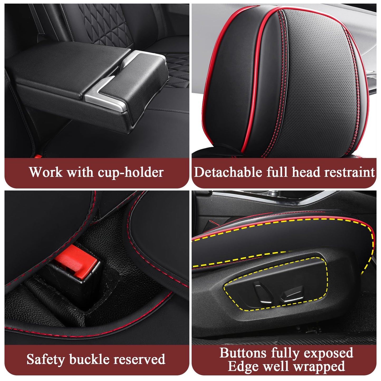 Aierxuan Leather Car Seat Covers Full Coverage Universal Fit Ford Focus Hyundai Elantra Honda Civic Toyota Corolla Nissan Murano Altima Rogue, Full Set, Black-Red