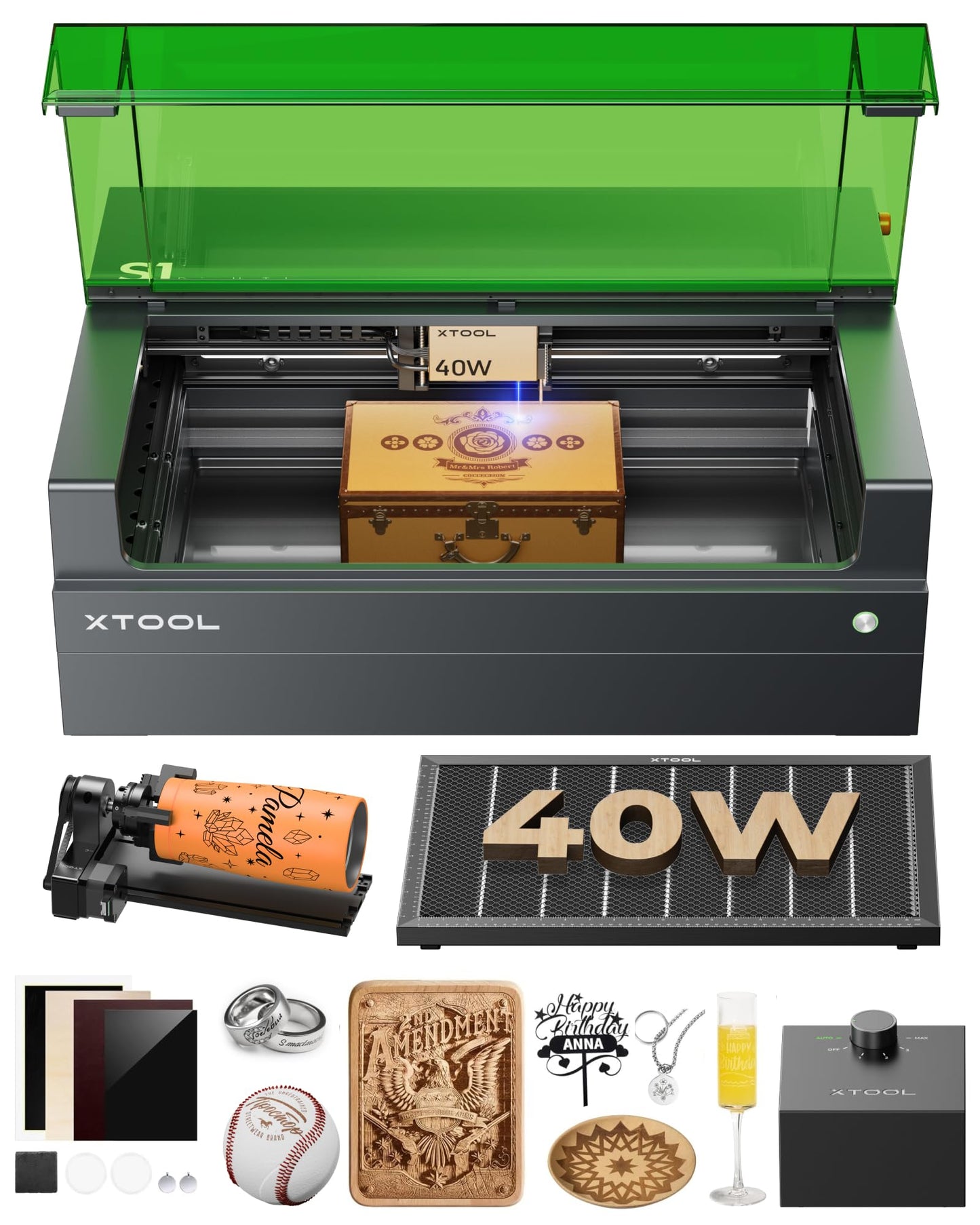 xTool S1 40W Laser Cutter and Laser Engraver for Tumblers, 23.93" x 15.16" Bed Size, 600mm/s Speed, Laser Engraving Machine, Laser Engraver for Wood and Metal, Acrylic, Big Project - Rotary Bundle
