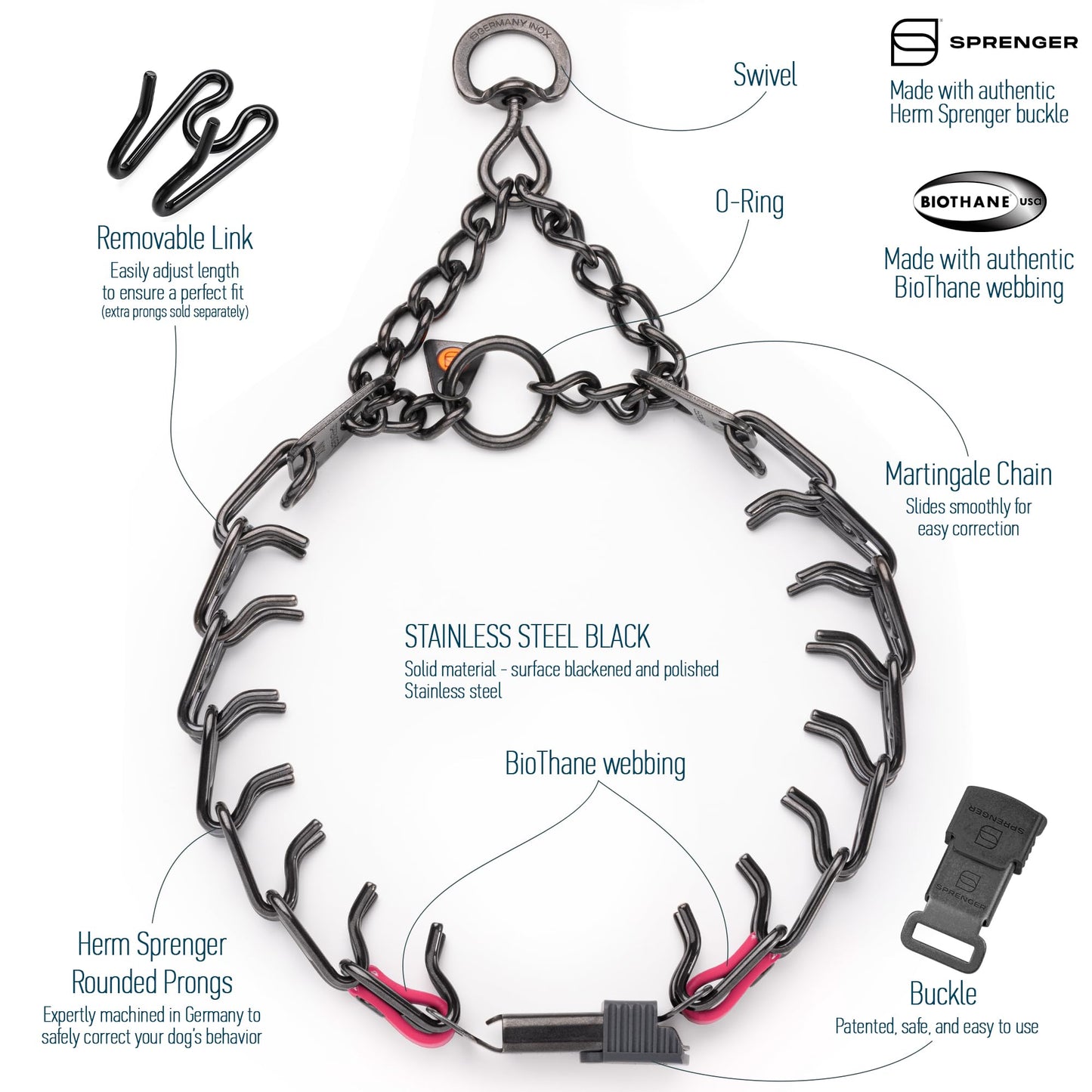 Herm Sprenger Black Stainless Steel Dog Collar with Short Links and Quick Release ClicLock Buckle and Biothane Insert Made in Germany 20in x 3.0mm (Neck Size up to 16-17in) (Passionfruit Pink)