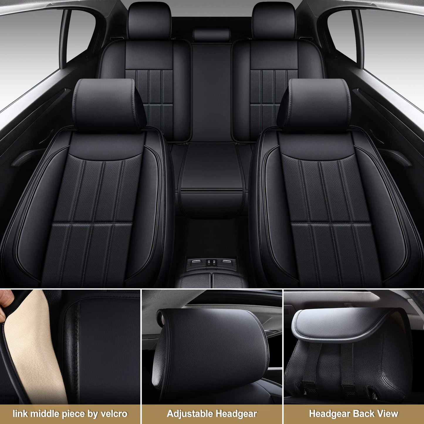 AOOG Leather Car Seat Covers for Cars SUV Pick-up Truck, Universal Full Set Black