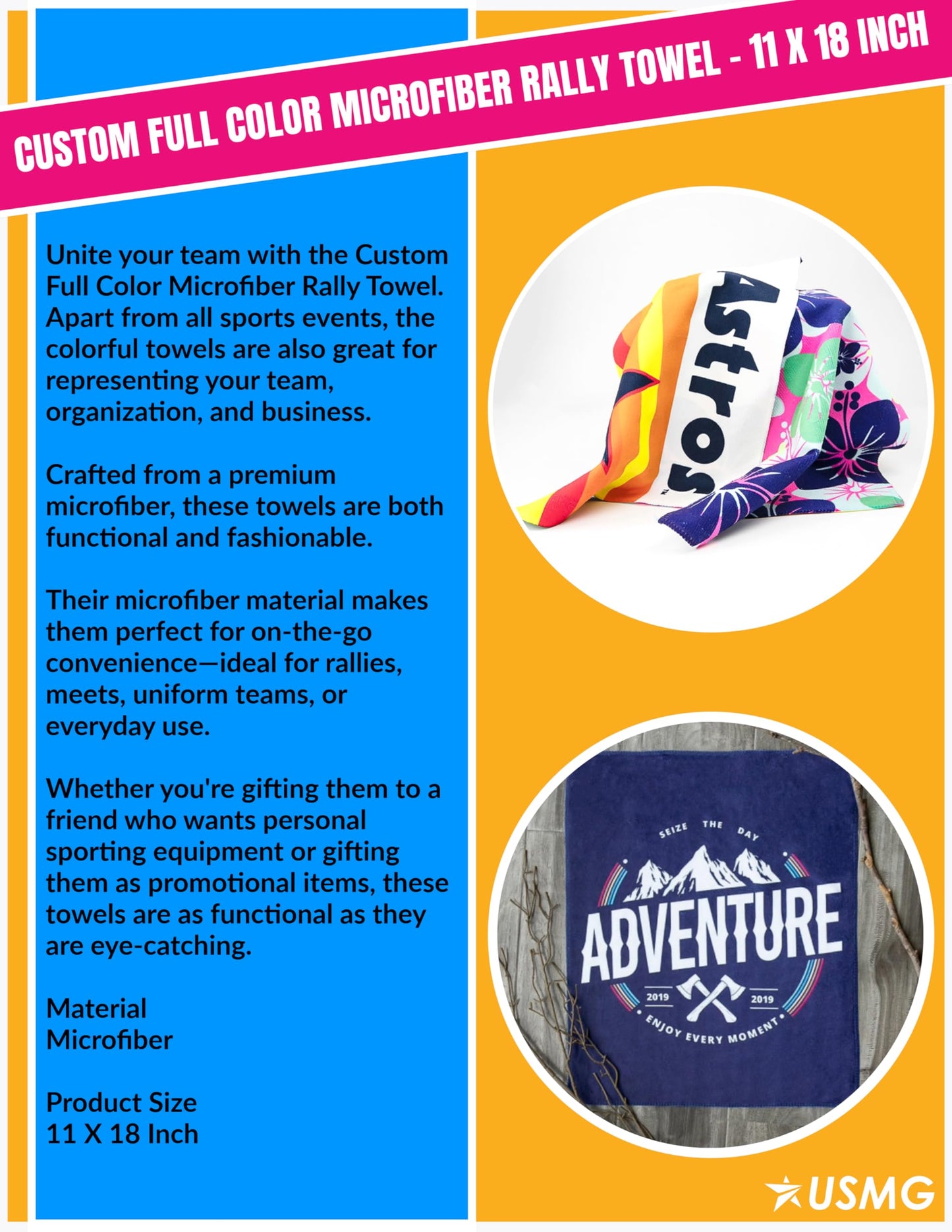 USMG Custom Full Color Microfiber Rally Towel 11x18 – Personalized Sports Spirit Towel for Events, Teams & Promotions (White, Qty 500)