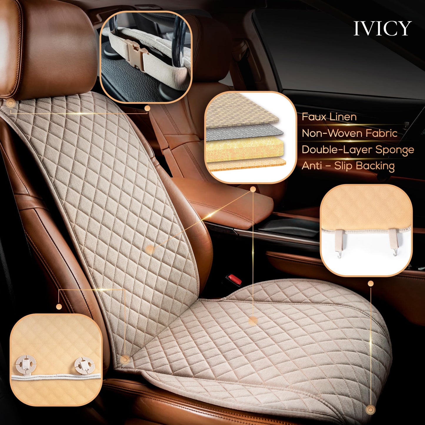 IVICY Faux Linen Car Seat Cover for Cars - Durable & Non-Slip - Front Car Seat Protector Covers for Most Automotive, Vans, SUVs, Trucks - 1 Unit - Light Beige