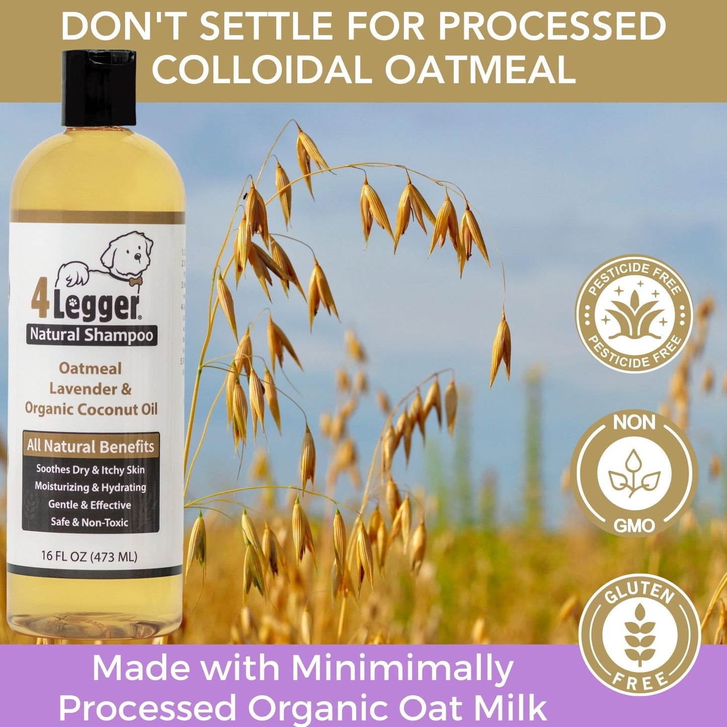 4Legger All Natural Organic Oatmeal Dog Shampoo for Itchy Skin with Aloe, Coconut & Lavender Essential Oil, Hypoallergenic, Moisturizing for Normal, Dry, Itchy, or Sensitive Skin, USA Made, 16 oz