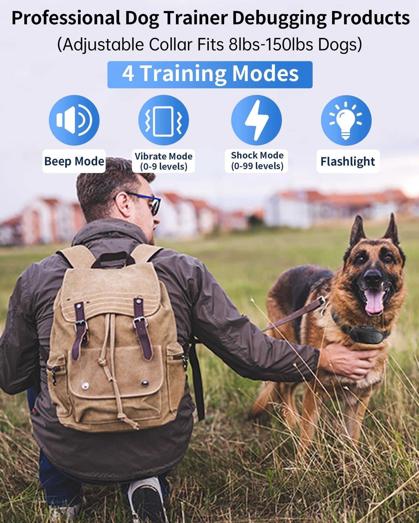 Dog Shock Collar with Remote Control - Rechargeable Dog Training Collar, IPX7 Waterproof E Collar for Dogs with 4 Safe Modes Flashlight Beep Vibration Shock Ideal for All Dog Sizes (8-150lbs) Gry