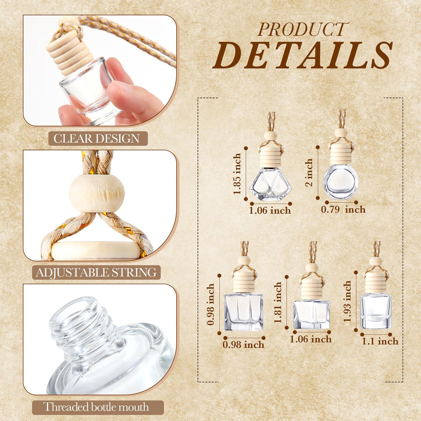 Zubebe 500 Pcs Hanging Car Diffuser Bottles Bulk, 5 Styles Empty Glass Refillable Air Freshener Bottles with Wooden Cap for Perfume Essential Oils Fragrance Aromatherapy Ornament, 8ml 10ml