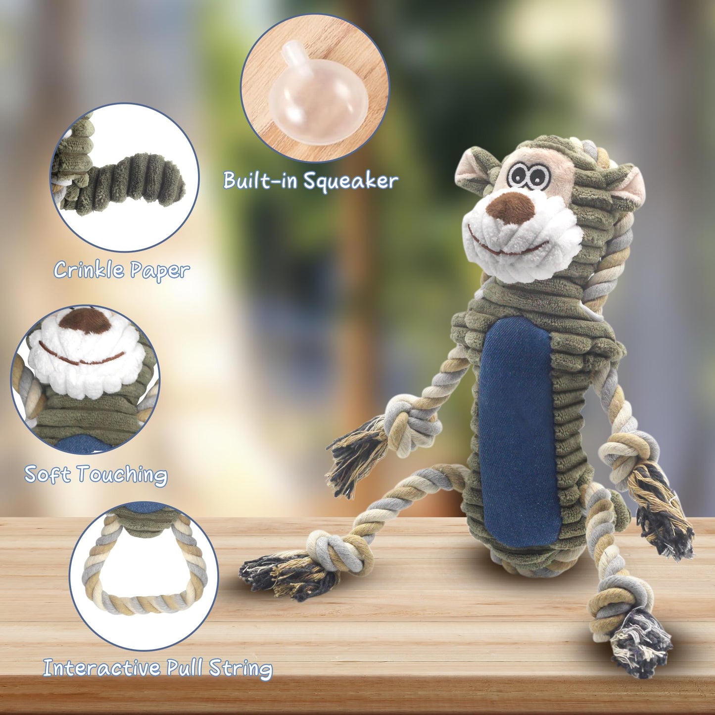 BUYPOW Funny Plush Dog Chew Toys, Squeaky Dog Toys, Interactive Tug of War Puppy Toys, Stuffed Dog Toys for Small, Medium and Large Dogs - Monkey