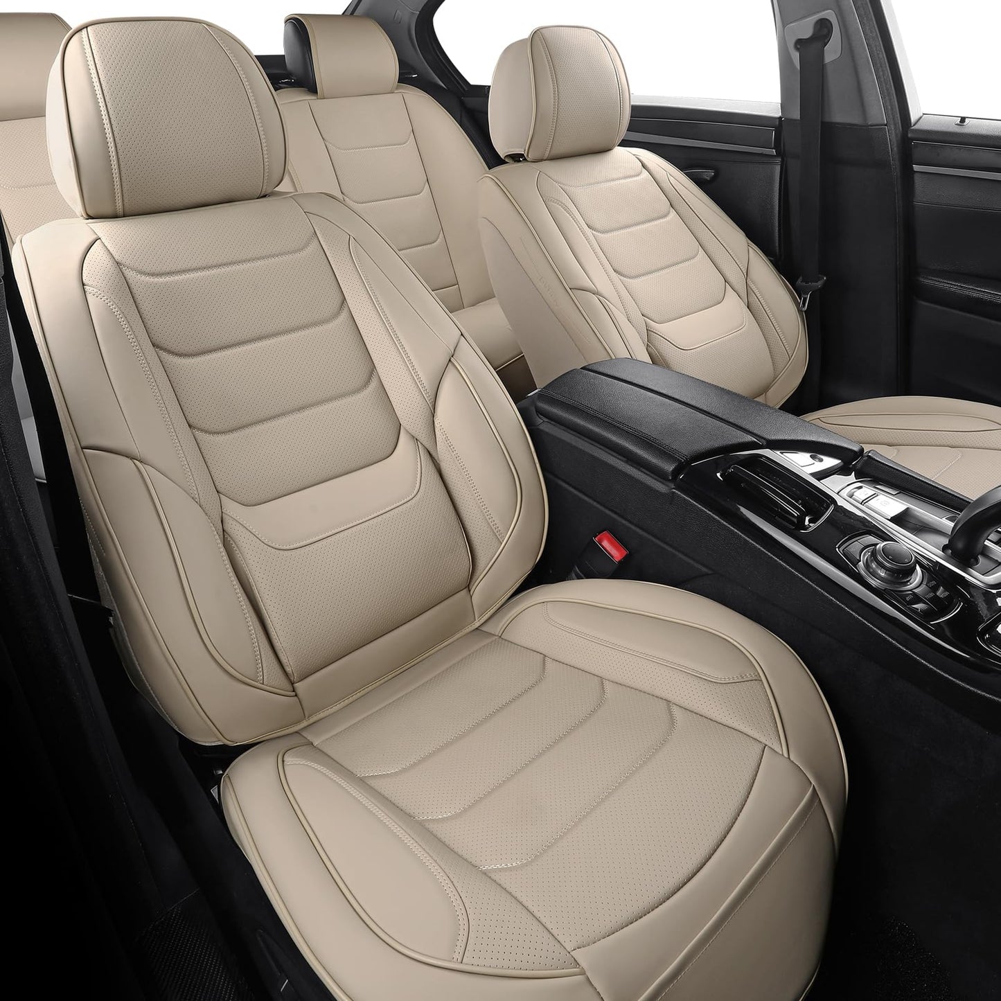 hoozoom Leather Car Seat Covers Full Set Breathable Automotive Seat Covers Waterproof Seat Protectors Universal Fit for Most Automotive Cars SUV Trucks(Beige, Full Set)
