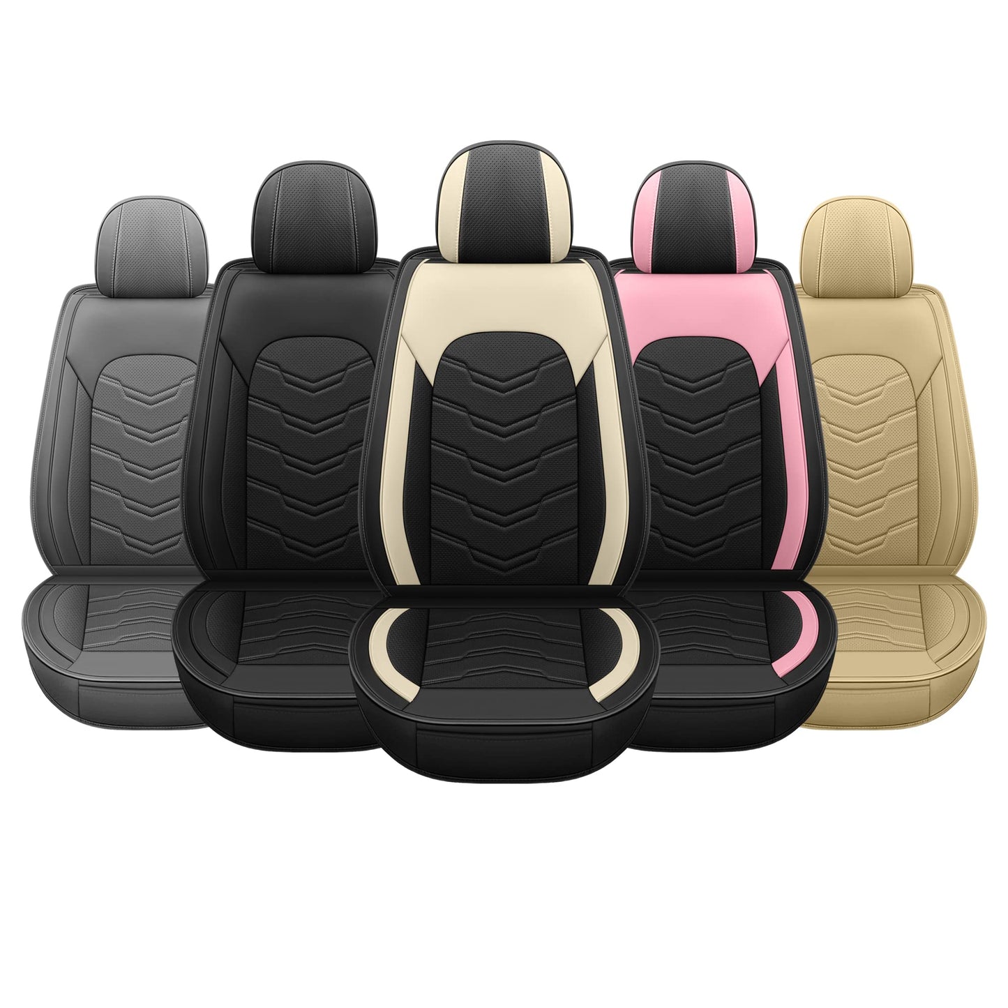 AOOG Leather Car Seat Covers 5 PCS Full Set, Breathable Faux Leatherette Automotive Seat Covers, Non-Slip Interior Covers Waterproof for Most Sedans SUV Trucks,Airbag Compatible,Beige&Black