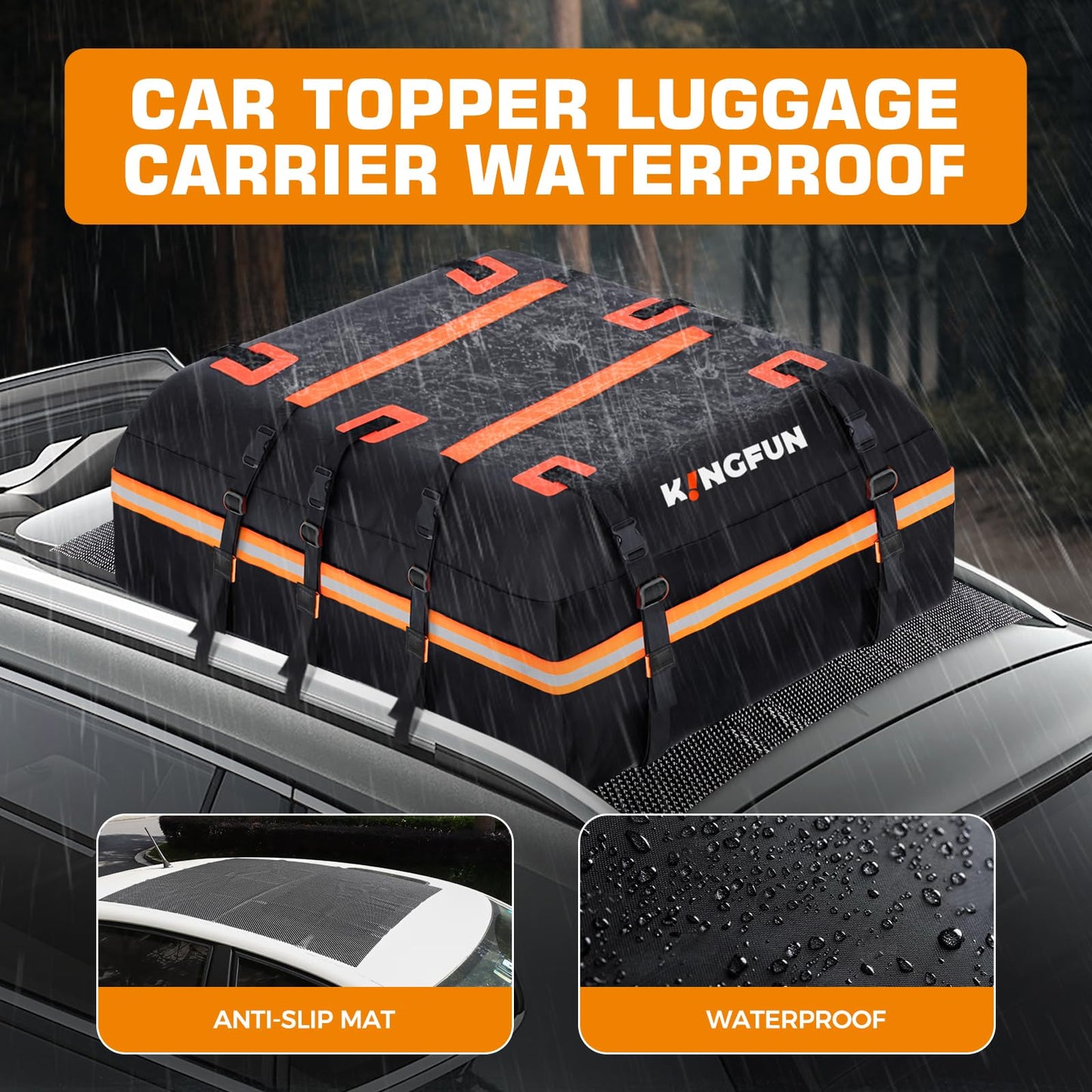 Kingfun Car Rooftop Cargo Carrier – Waterproof 20 Cubic Feet Car Roof Bag Fit All Vehicles with/Without Roof Racks, Includes Anti-Slip Mat, 8 Reinforced Straps & 6 Door Hooks, Luggage Locks