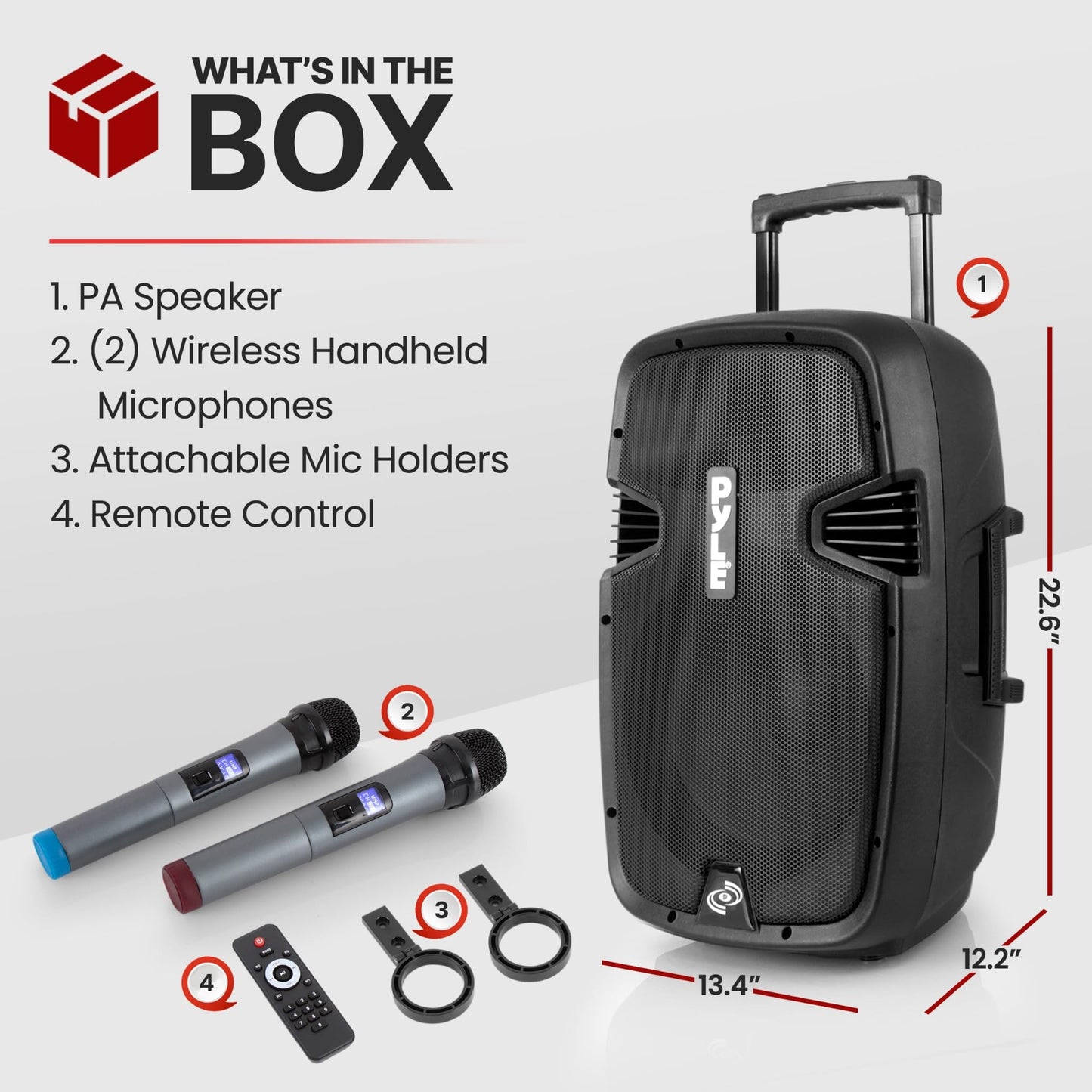 Pyle PPHP1299WU.5 Karaoke Portable PA Speaker System - 1000W Active Powered Wireless Bluetooth Compatible, Outdoor Speaker, Wheels, USB MP3 RCA, 2 UHF Microphone, Remote, Black