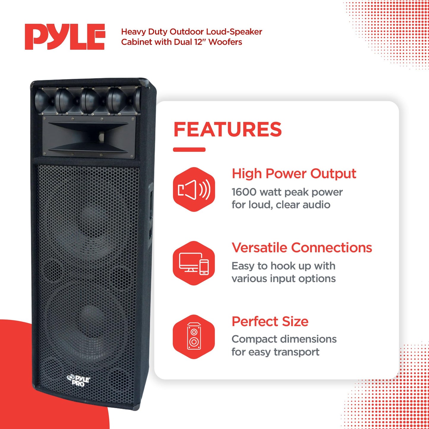 Pyle Portable Cabinet PA Speaker System - 1600 Watt Outdoor Stereo Sound Speakers w/ Dual 12" Woofers, 3.4" Piezo Tweeters, 5"x12" Super Horn Midrange, Crossover Network