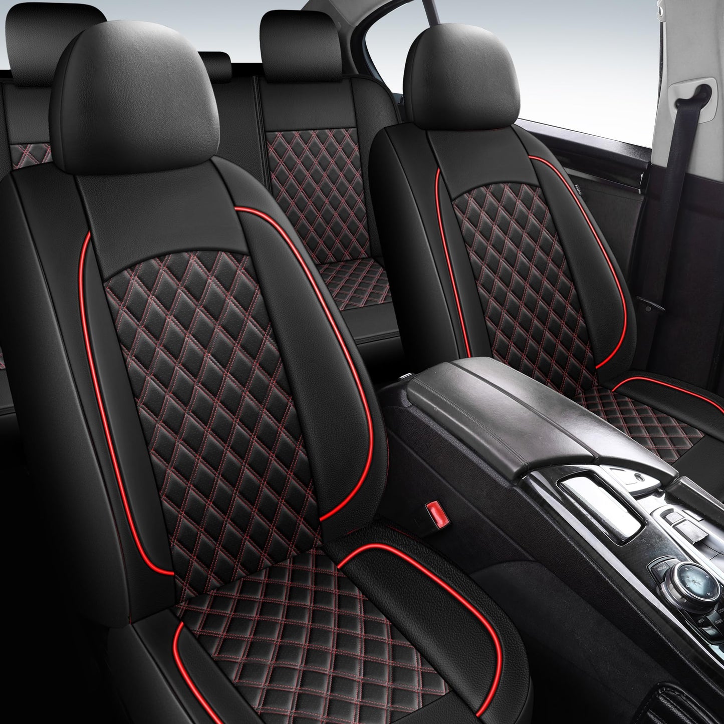 HChengkikz Car Seat Covers Full Set,Breathable and Waterproof Napa Leather Car Seat Cover,Interior Universal Fit for Cars,Sedans,SUVs,Vans,Trucks(Full Seat,Black+Red,N3)