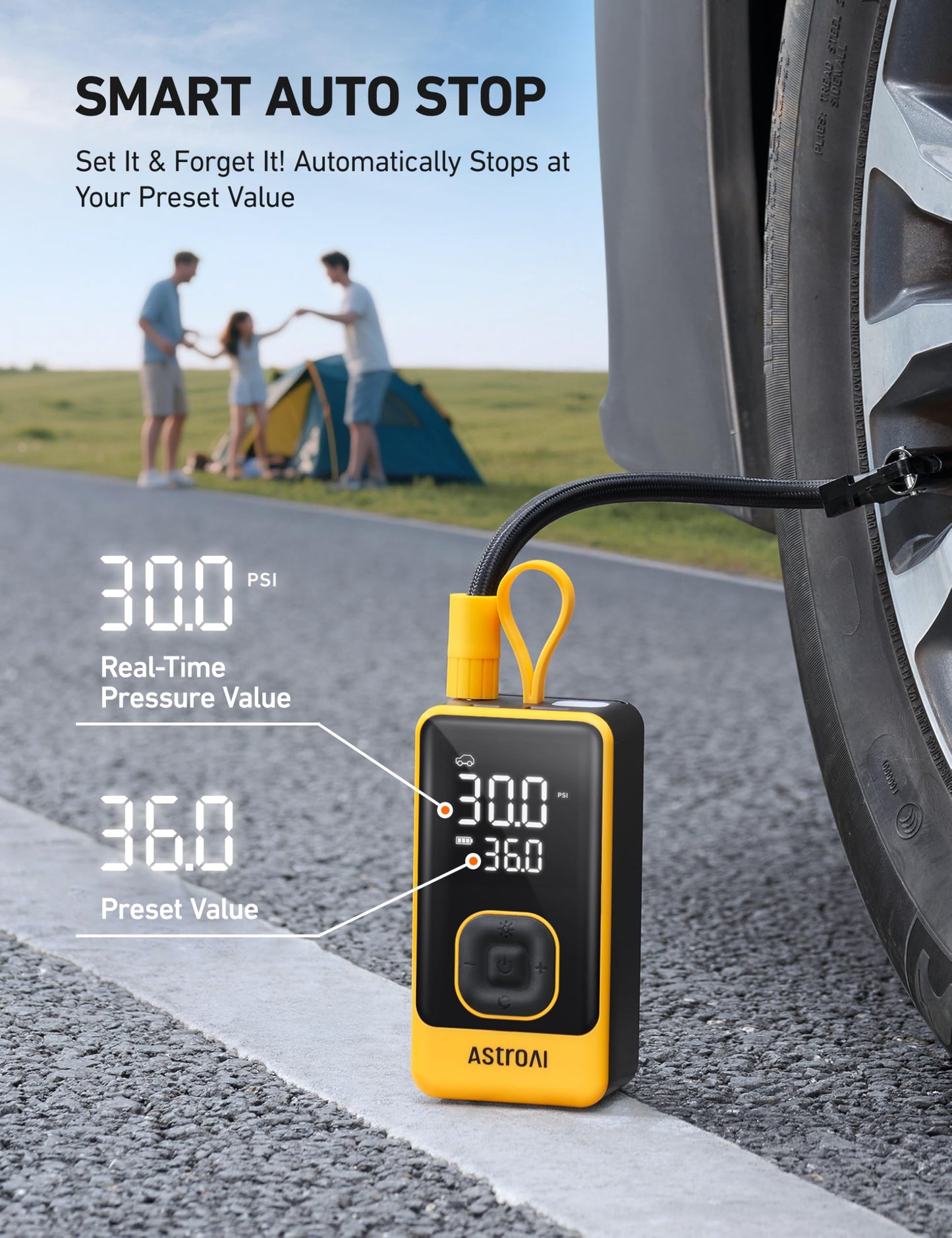 AstroAI L7 Air Tire Inflator Portable Air Compressor, 150PSI Electric Cordless Bike Pump with Fast 1-min Inflation, Auto Shutoff, LED Light – Rechargeable for Car, SUV, Motorcycle, Bike Tires, Yellow