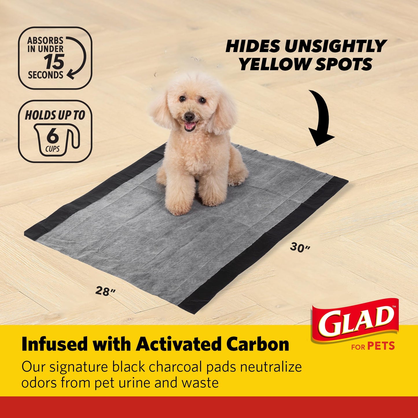 Glad for Pets JUMBO-SIZE Charcoal Puppy Pads, All-in-One | Black Training Pads That ABSORB & Neutralize Urine Instantly | New & Improved Quality Puppy Pee Pads, 30 Count - 2 Pack