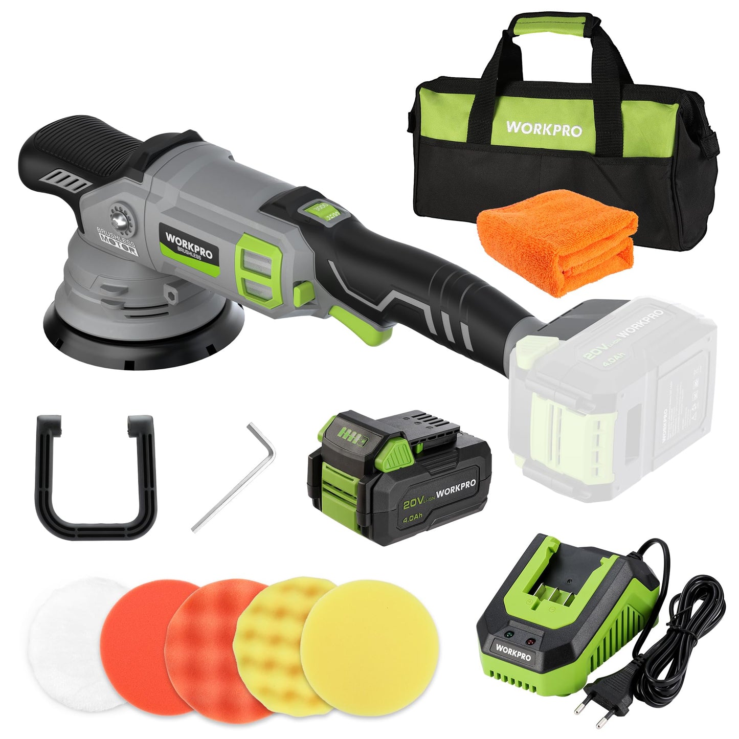 WORKPRO 5" Cordless Car Buffer Polisher, 20V Professional Brushless Polisher with 4.0Ah Battery, Orbital Pulidora De Autos Inalambrica with 7 Speed, Random Polisher Kit for Car Detailing, Waxing