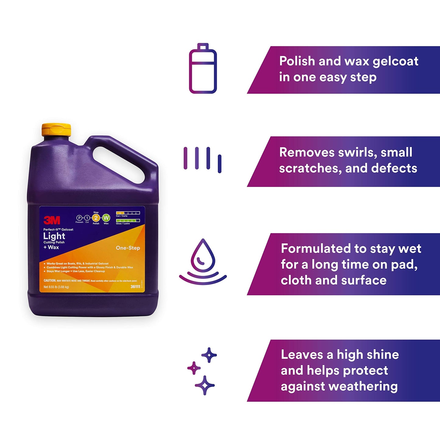 3M Perfect-It Gelcoat Light Cutting Polish + Wax, 36111, 1 Gallon, One-Step Process, Removes Scratches and Swirls, Light Oxidation Remover for Boats and RVs