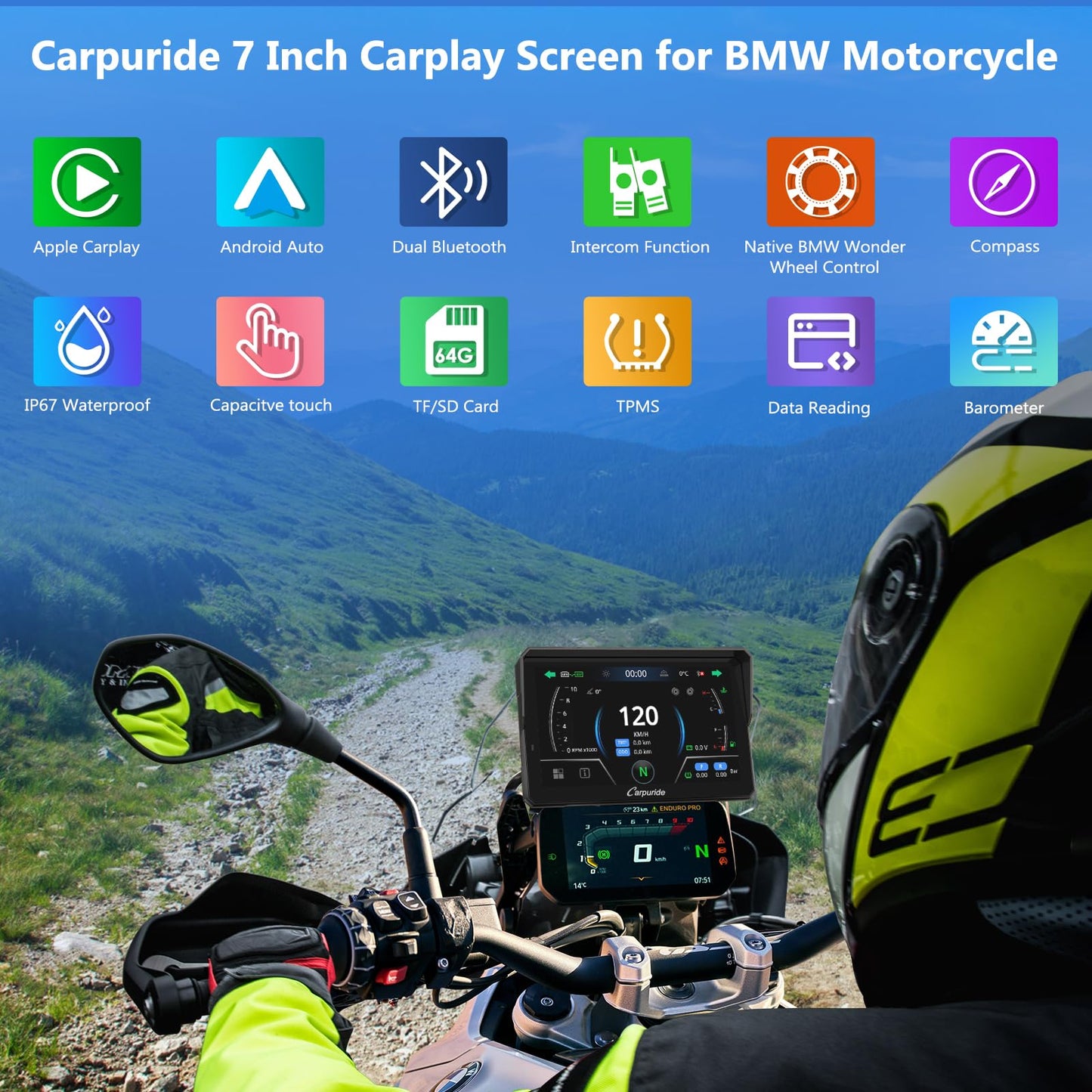 2025 CARPURIDE W702BS PRO for BMW Motorcycle CarPlay & Android Auto Dual Bluetooth, 7" Waterproof GPS Navigation Screen, Data Reading, Native Wonder, TPMS, Light Sensor, Music Sharing, Intercom,16-Pin