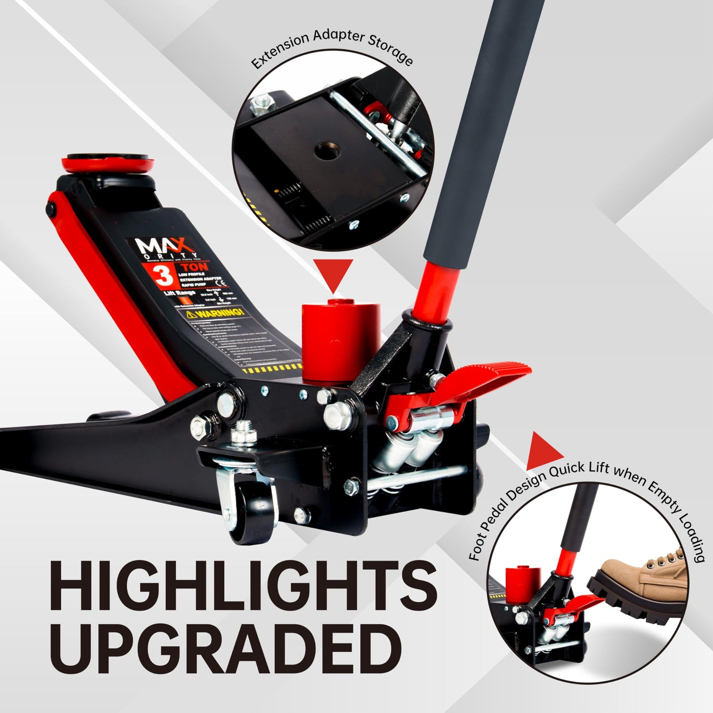 3-Ton (6600lbs) Low-Profile Dual Pistons Heavy-Duty Steel Racing Floor Jack with Quick Lift Hydraulic Pump, Foot Pedal and Extension Adapter for Car Maintenance