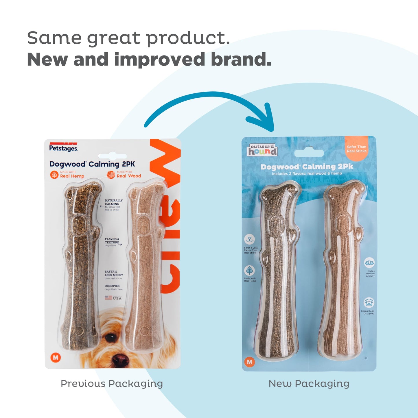 Outward Hound Dogwood Wood Durable Dog Chew Toys, Real Wood & Calming Hemp, 2-Pack, Medium