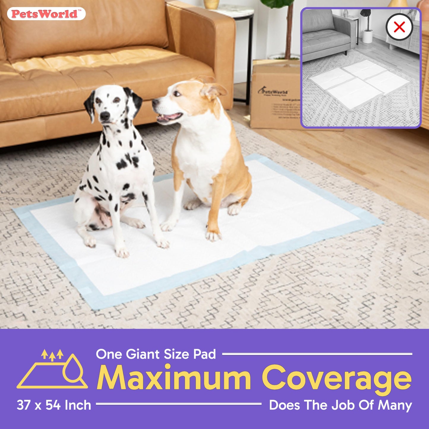 PETSWORLD Enormous Dog Training & Potty Pads, 37x54 inch - Tear Resistant with Strong Leak-Proof Backing, Optional Adhesive Tape, 50 Count