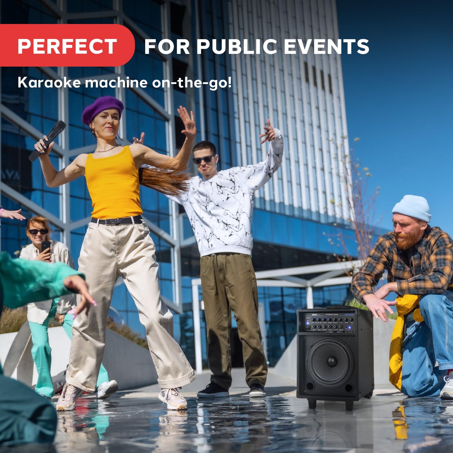 Pyle Wireless Portable PA System-400W Bluetooth Compatible Rechargeable Battery Powered Outdoor Sound Stereo Speaker Microphone Set w/Handle, Wheels-1/4 to AUX, RCA Cable (PWMA230BT)