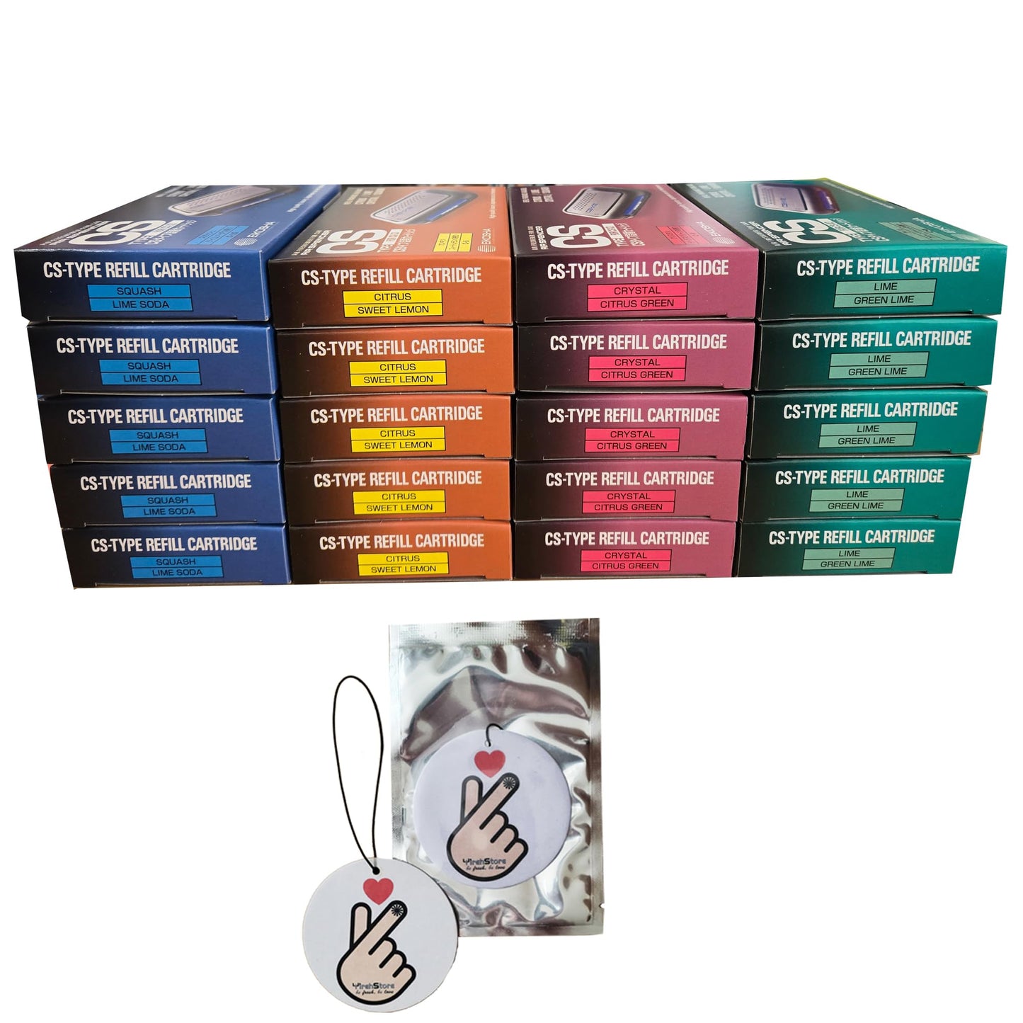 YirehStore CSX3 Air Spencer CS-X3 Air Freshener Refill Cartridge, 20-Pack Assorted Bundle (4 Different Scents, 5pk for each scent), and YirehStore Car Hanging Freshener, Finger Heart