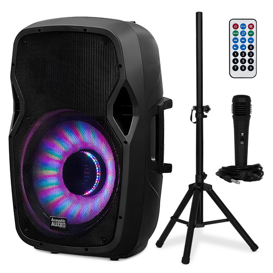 Acoustic Audio by Goldwood 1000W Bluetooth Speaker w/ Flashing LED, Large Plug-In PA System w/ Stand, Mic, & Remote for Karaoke, DJ, or Tailgate Party