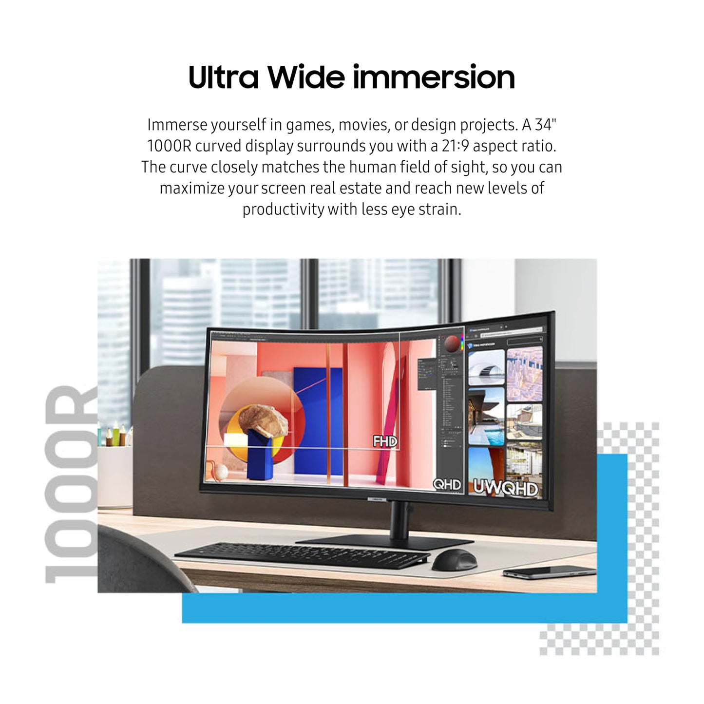 SAMSUNG 34-Inch ViewFinity S65VC Series Ultra-WQHD Curved Computer Monitor, 100Hz, AMD FreeSync, HDR10, USB-C, Built-in Speaker, Camera, KVM Switch, Eye Care, Eco-Packaging, LS34C650VANXGO, Black