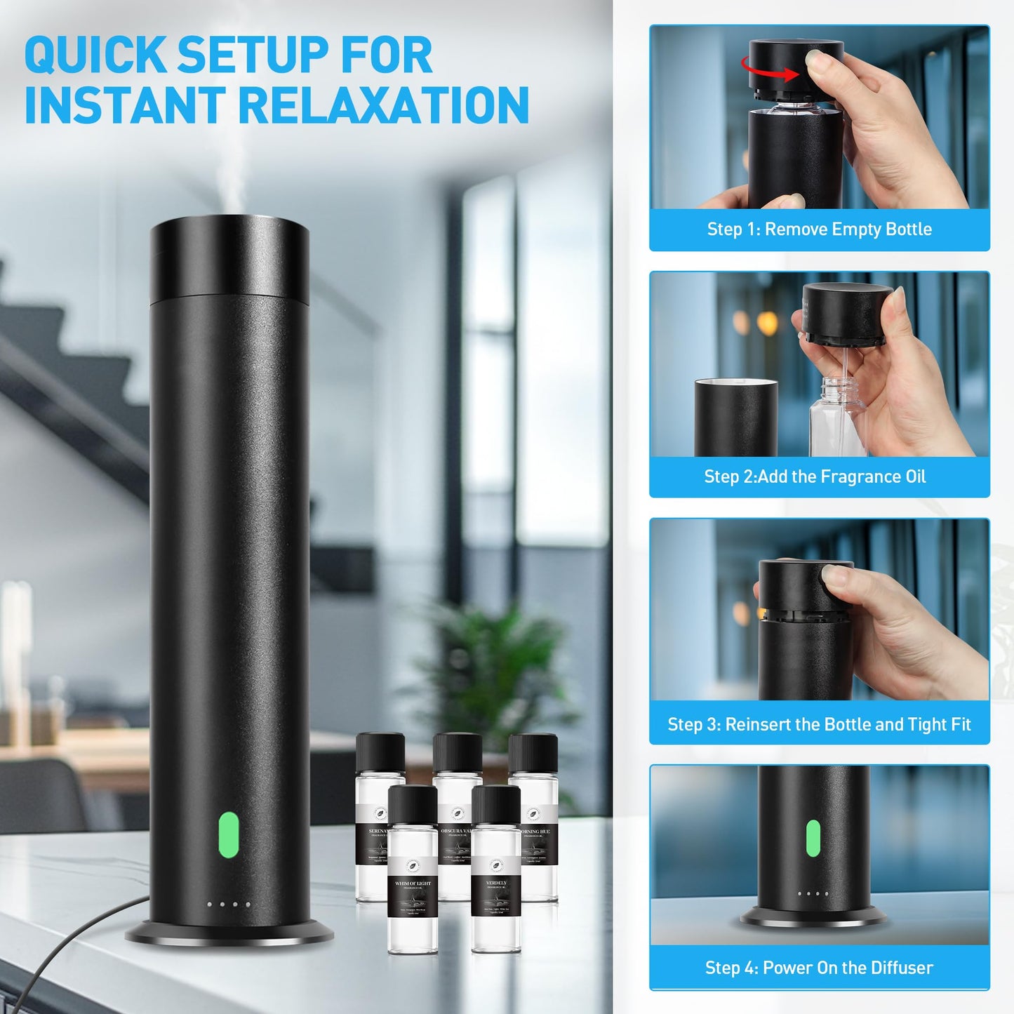 Waterless Scent Diffuser Starter Kit - 800 Sq Ft Coverage, Hotel Scent Diffuser, Essential Oil Diffuser Large Room, Included 5 Scent Oils, Remote Control, Black, 11.20In