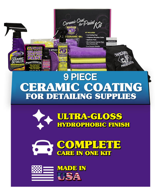 Wizards Ceramic Coat for Paint Kit - 9 Piece Ceramic Coating for Detailing Supplies - Provides High Gloss, Luster, Shine and Protection for Vehicles - Versatile Car Scratch Remover for Auto Detailing