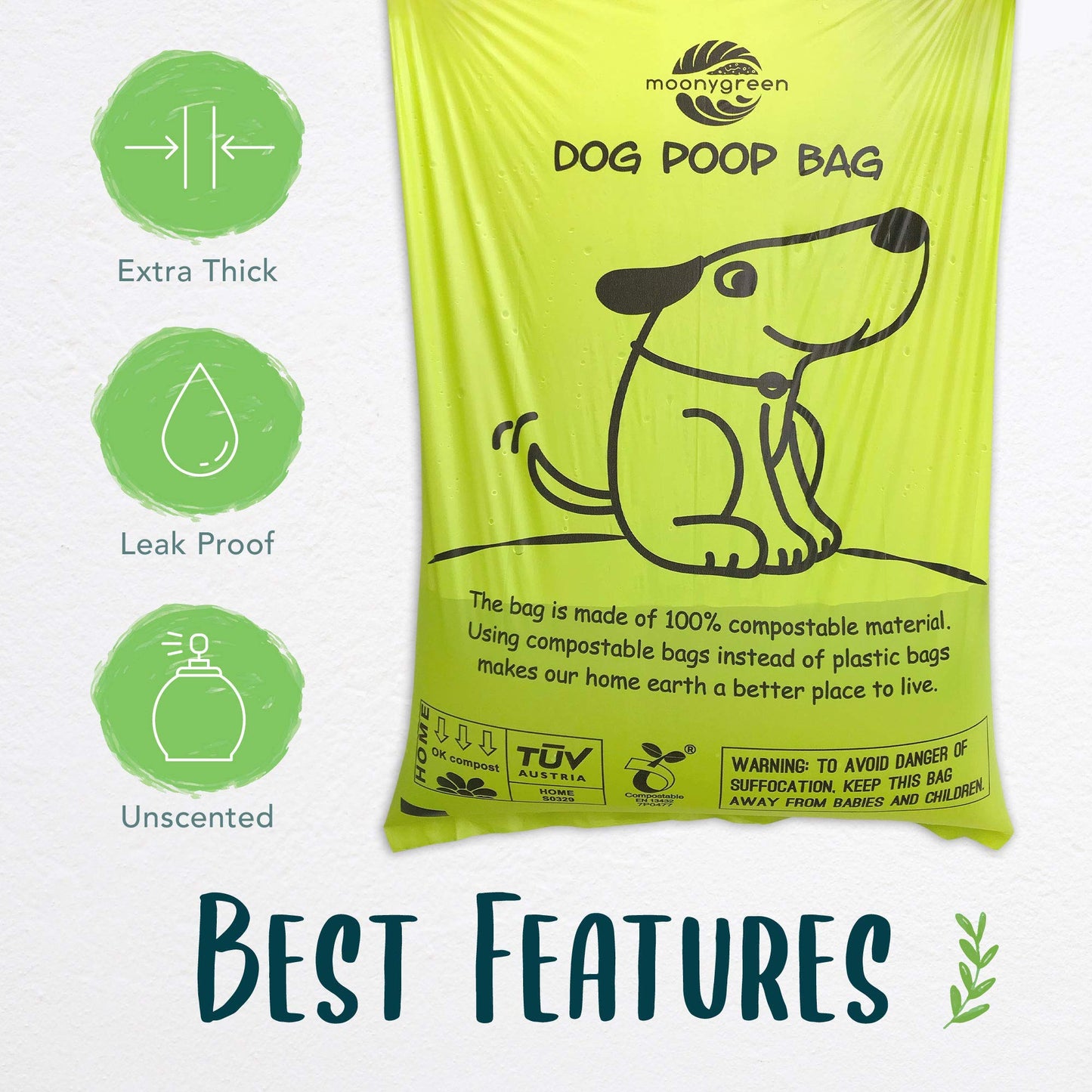 moonygreen Certified Compostable Dog Poop Bag Rolls, Landfill friendly Doggie Poop Bags, Vegetable-Based, ASTM D6400, Unscented, Extra Thick, Leak Proof, Size 9 x 13 Inches, Refills 240 Counts