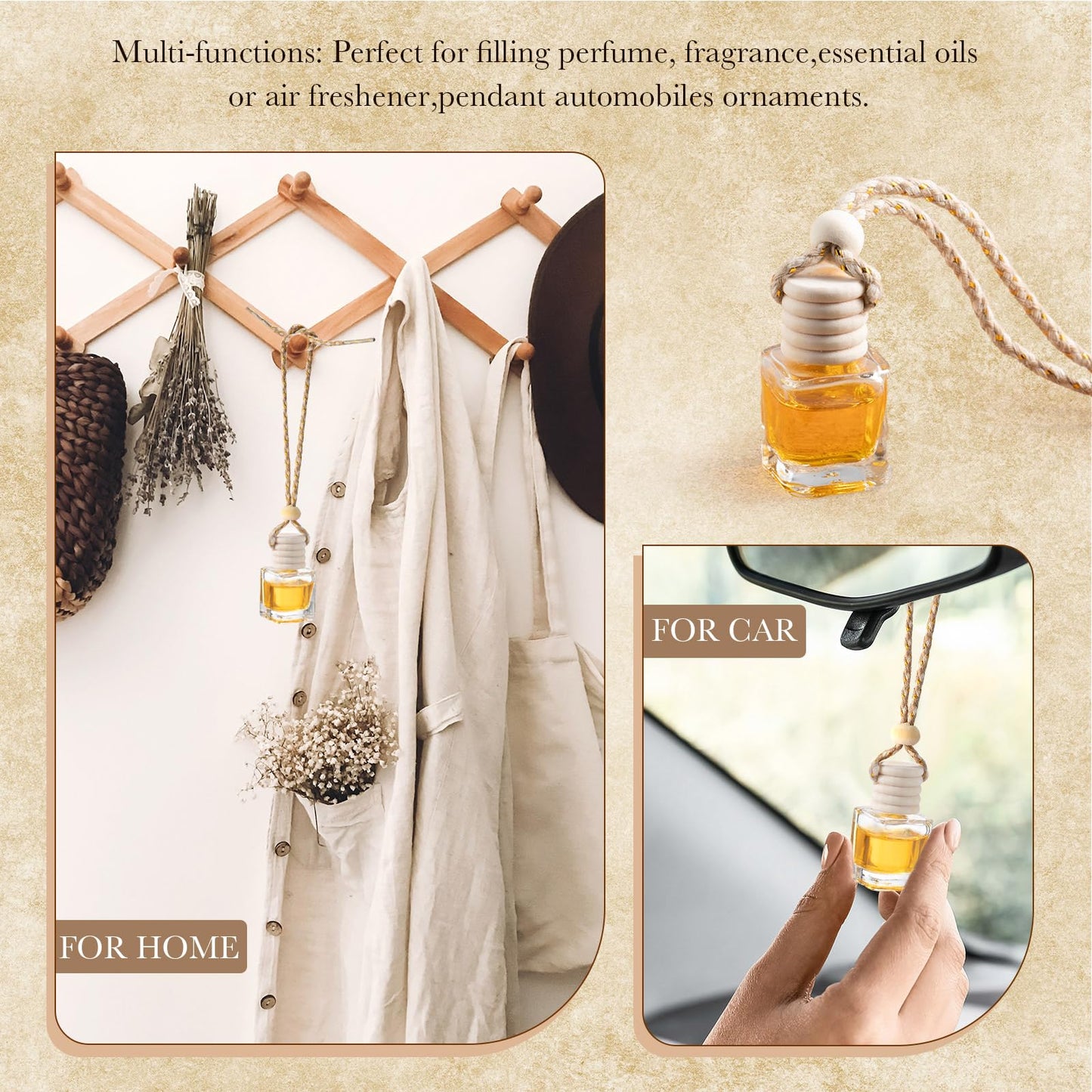 Zubebe 500 Pcs Hanging Car Diffuser Bottles Bulk, 5 Styles Empty Glass Refillable Air Freshener Bottles with Wooden Cap for Perfume Essential Oils Fragrance Aromatherapy Ornament, 8ml 10ml