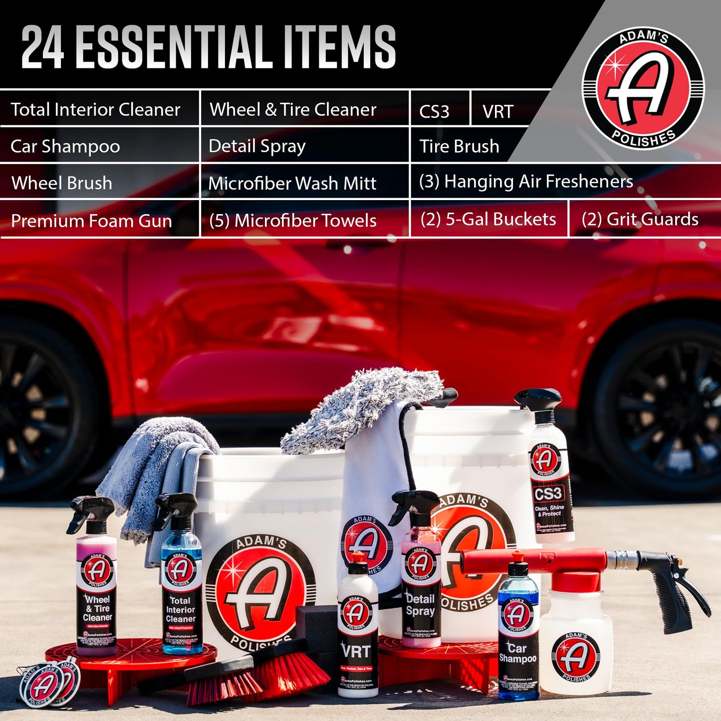 Adam's Essential Car Wash Kit (24-Item) - Auto Detailing Car Care Cleaning Kit with Foam Gun & Bucket Car & Truck Lovers, Dads, Moms and DIYers