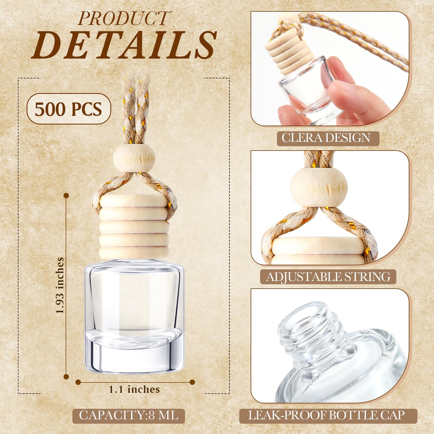 Zubebe 500 Pcs 8ml Hanging Car Air Freshener Diffuser Bottles Empty Bulk Cylindrical Clear Glass Perfume Refillable Aromatherapy Essential Oils Pendant For Auto Interior Ornaments Decoration