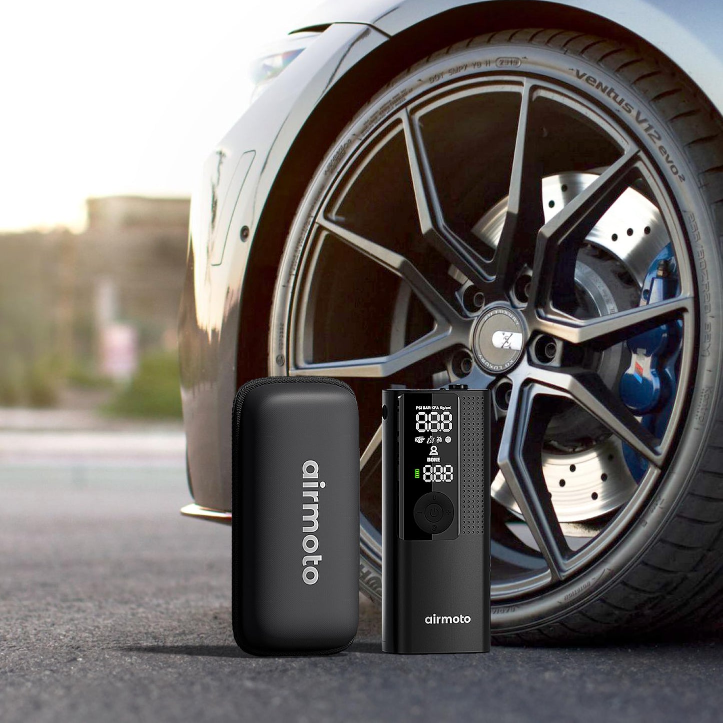 Airmoto and Carrying Case Bundle Deal - Tire Inflator Portable Air Compressor with Hard Case - Air Pump for Car Tires, Motorcycle, Bicycle - Cordless Tire Pump with Tire Pressure Gauge