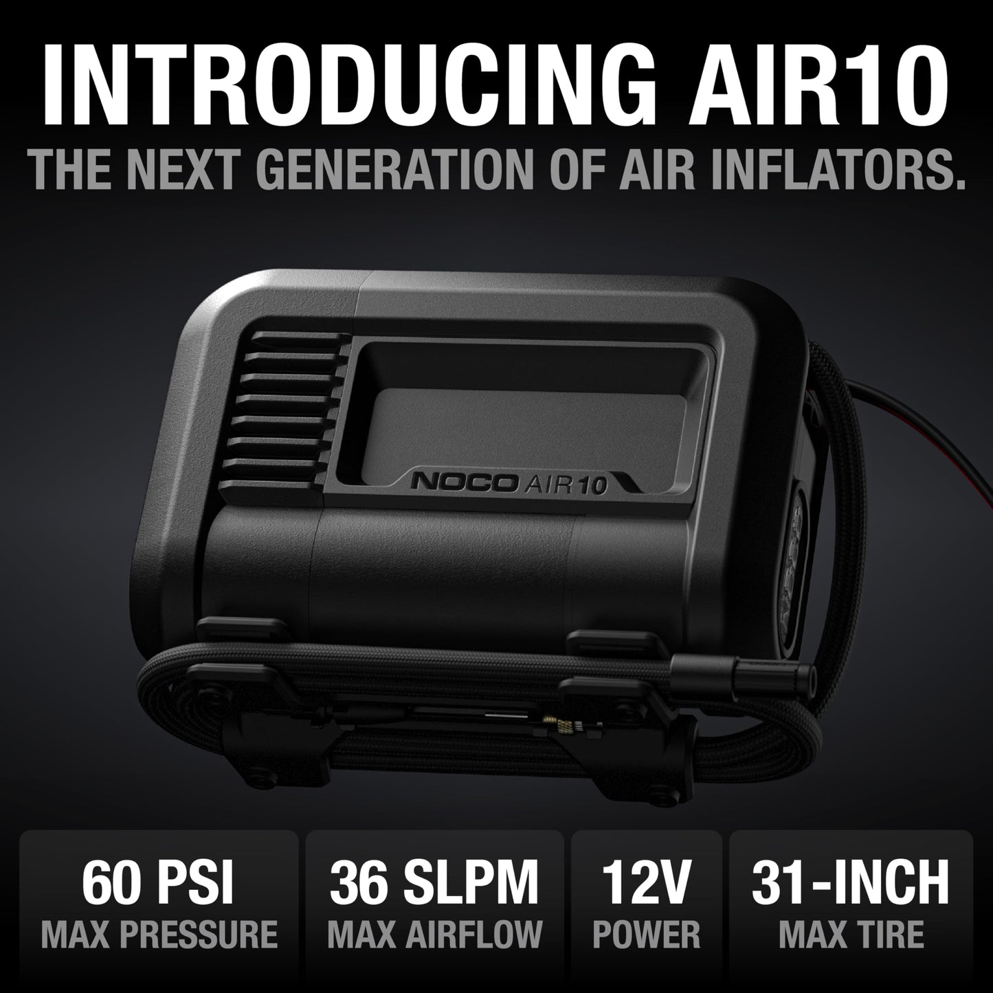 NOCO AIR10: UltraFast 10A Tire Inflator - 12V Portable Air Compressor Pump – 36 SLPM Airflow Inflates 0–40 PSI in 3.8 Minutes – Digital Gauge + Auto-Shutoff